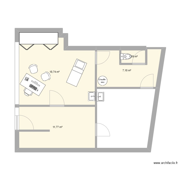 cabinet. Plan de 4 pièces et 39 m2