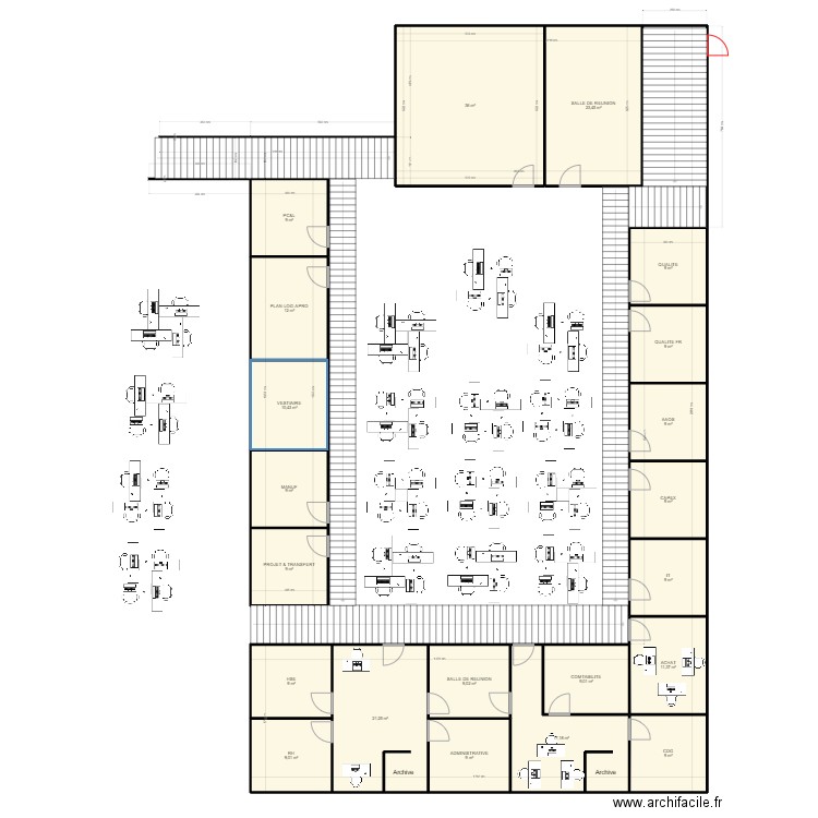 Open space V7. Plan de 21 pièces et 258 m2