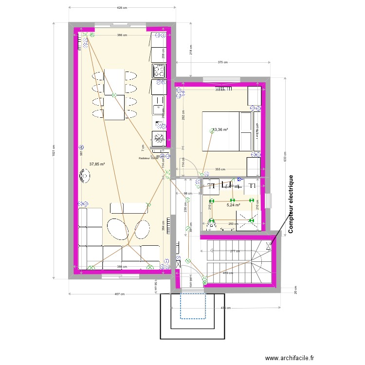 LEROUX  acces arriere. Plan de 3 pièces et 56 m2