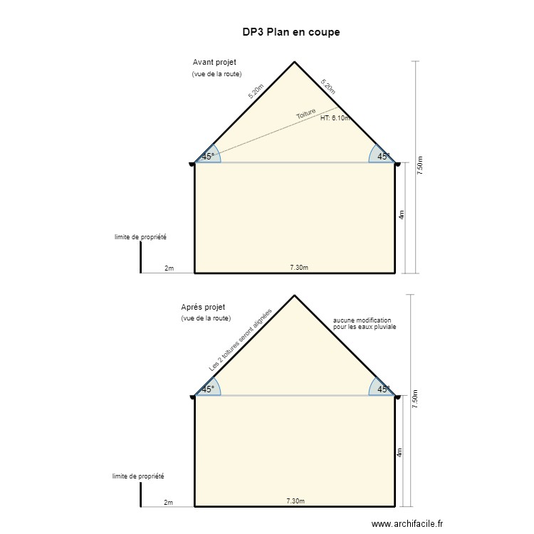 DP3 plan en coupe. Plan de 4 pièces et 87 m2