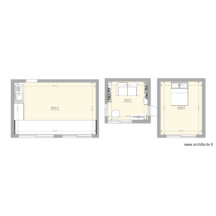 chambre amis. Plan de 3 pièces et 53 m2