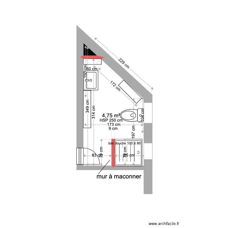 SDB projet valerie . Plan de 2 pièces et 5 m2