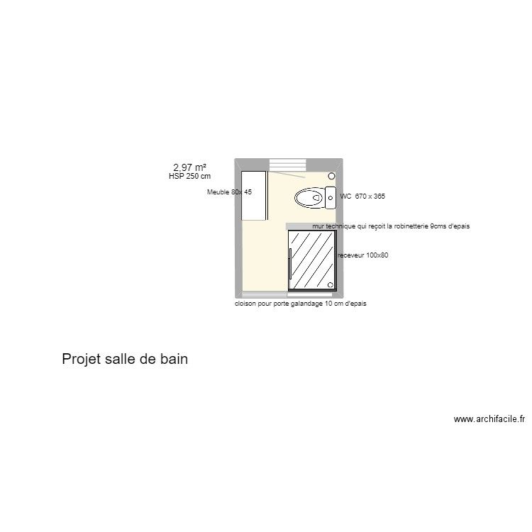 Projet salle de bain coronini. Plan de 1 pièce et 3 m2