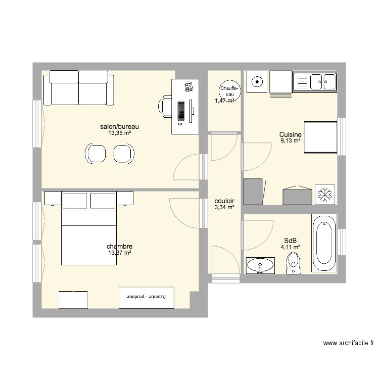 appartement. Plan de 6 pièces et 45 m2
