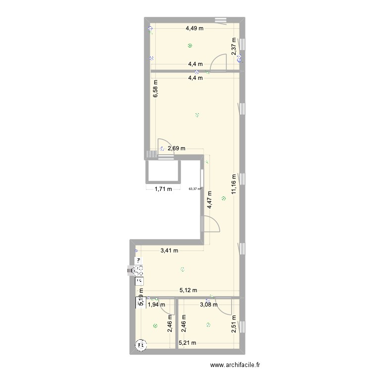 buisson. Plan de 1 pièce et 63 m2
