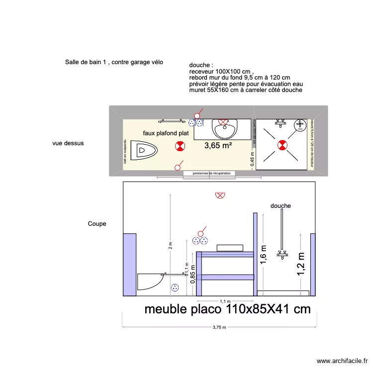 salle de bain 1. Plan de 1  et 4 m²