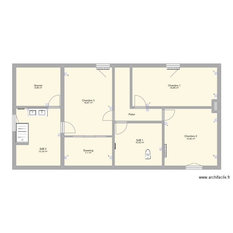 Maison - Etage. Plan de 9 pièces et 95 m2
