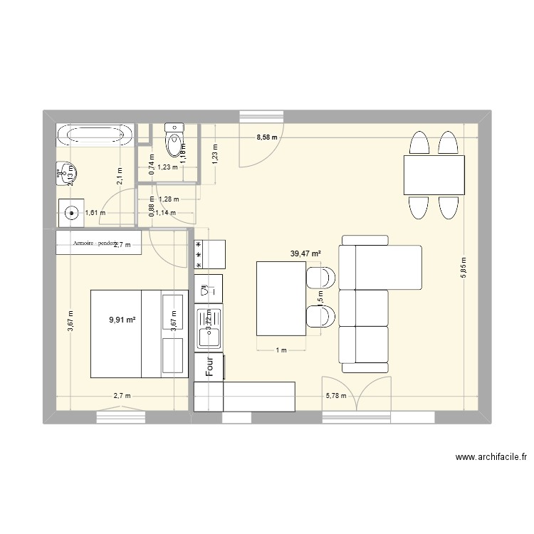 appart version2. Plan de 2 pièces et 49 m2