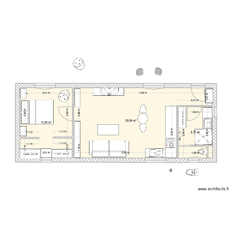 plan v 10. Plan de 3 pièces et 43 m2