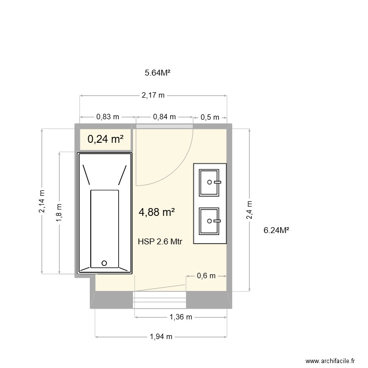 SDB PROST Jacqueline. Plan de 2 pièces et 5 m2