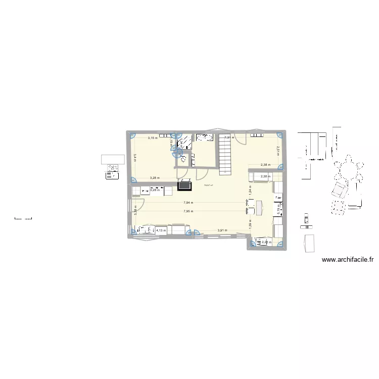 Stephenson Rez de ch radiateurs. Plan de 1 pièce et 75 m²