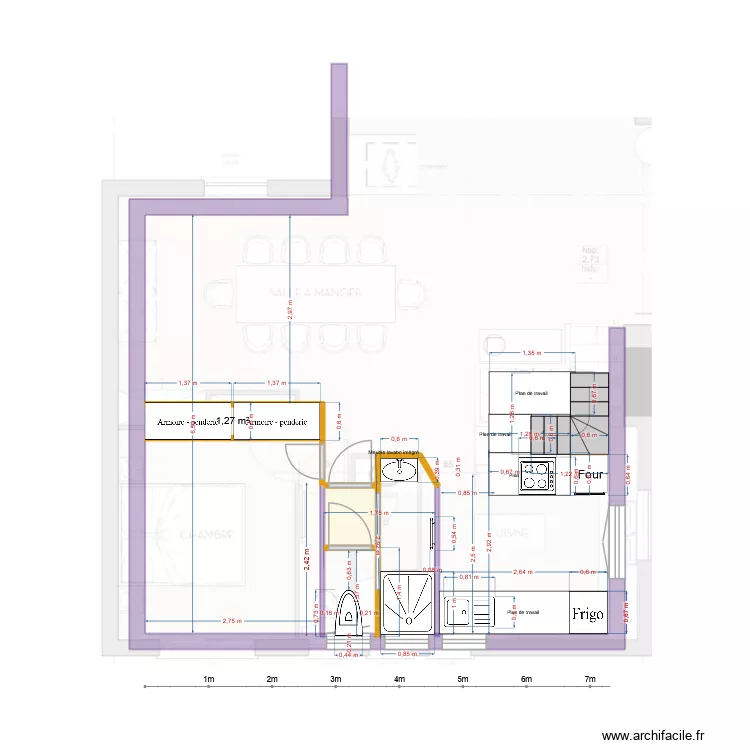 plan SDB cuisine chambre SaM sans le fond Douche 85 et dimensions reelles. Plan de 2  et 2 m²