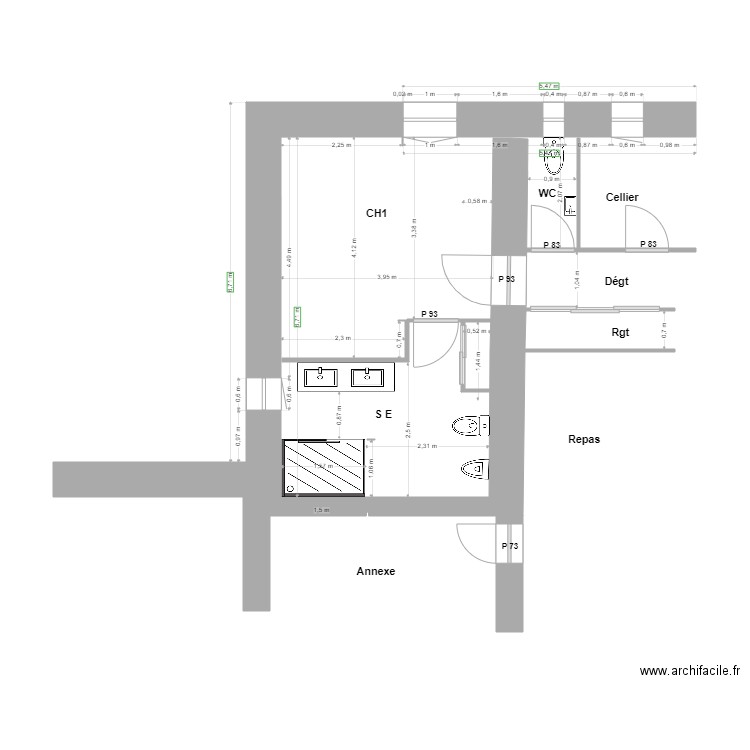 Détail Salle d'eau / Ch 1/ WC/. Plan de 0 pièce et 0 m2