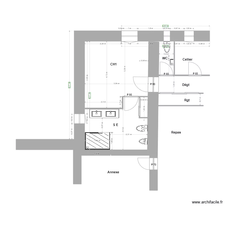 D&eacute;tail Salle d'eau / Ch 1/ WC/. Plan de 