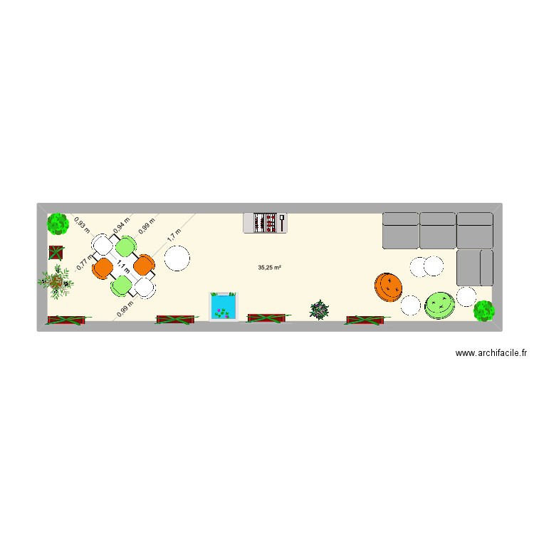 terrasse. Plan de 1 pièce et 35 m2