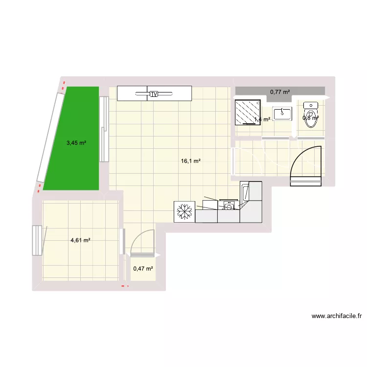 Voltaire nu. Plan de 7  et 28 m²