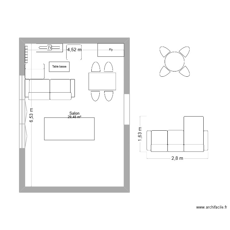 salon. Plan de 1 pièce et 29 m2