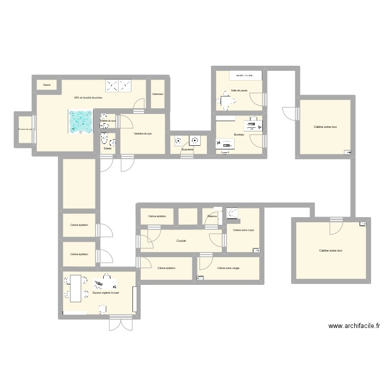 Hélia spa et beauté. Plan de 23 pièces et 127 m2
