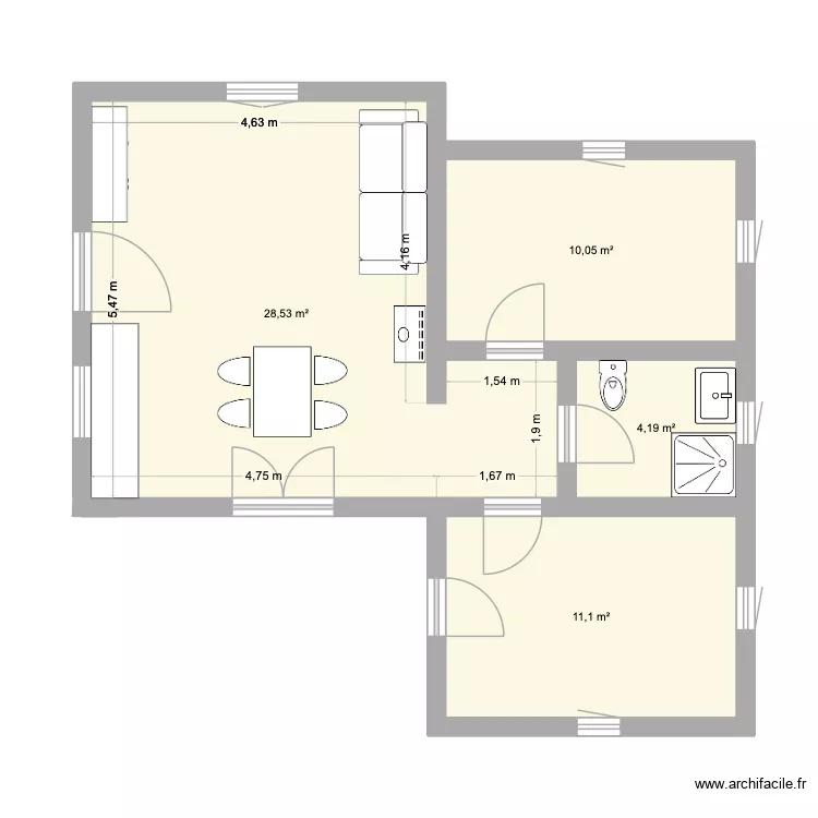 Pallier plan I. Plan de 4 pièces et 54 m²