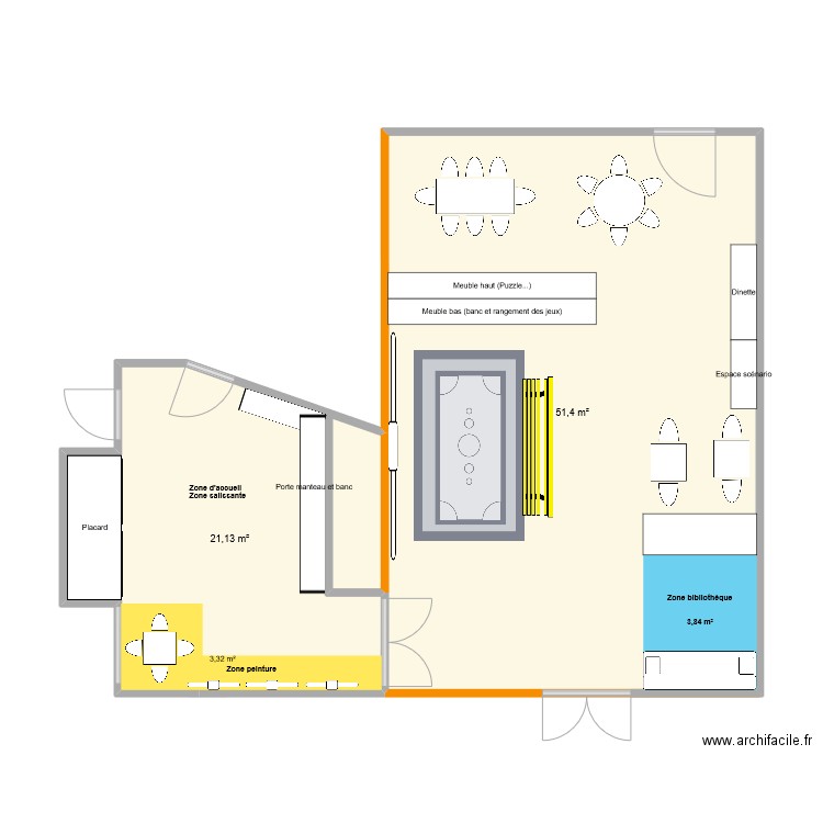 Classe maternelle. Plan de 2 pièces et 73 m2