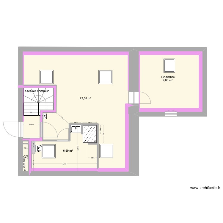 Appt D CLOISONS. Plan de 6 pièces et 55 m2