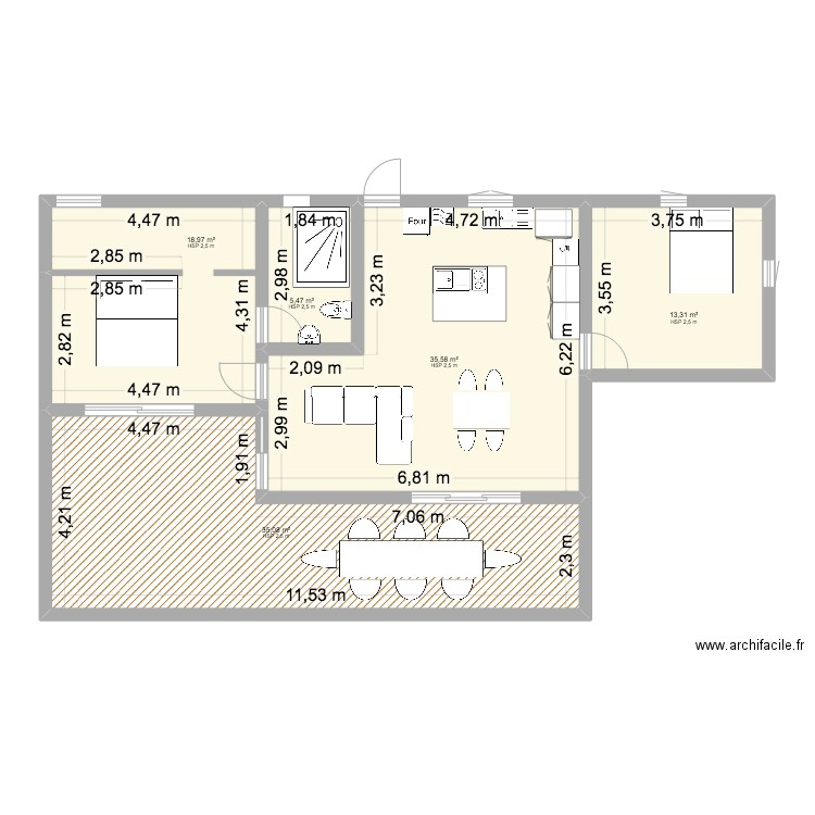 plan f3. Plan de 5 pièces et 108 m2