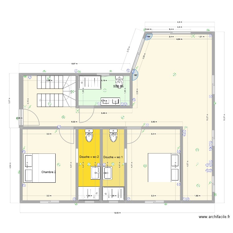 RDC aménagé. Plan de 6 pièces et 97 m2