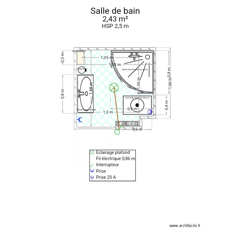 Salle de bain 1-3 douche angle. Plan de 1 pièce et 2 m2