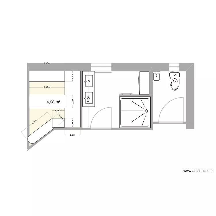 amenagement SdB et WC. Plan de 1  et 5 m²