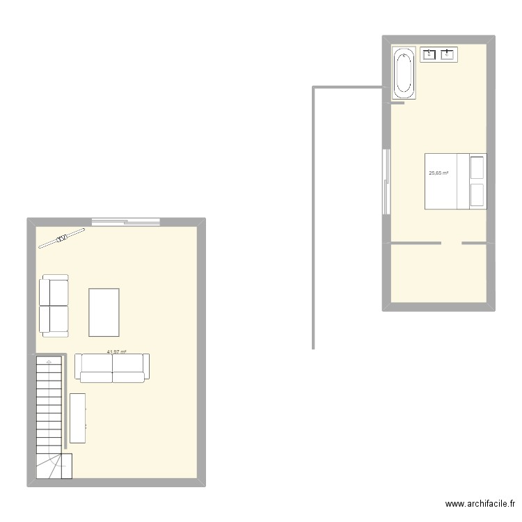 Salon / chambre . Plan de 2 pièces et 68 m2