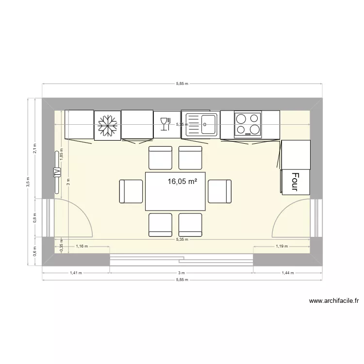 cuisine Gimn&eacute;e am&eacute;nag&eacute;e en L. Plan de 1 Pièce et 16 m²