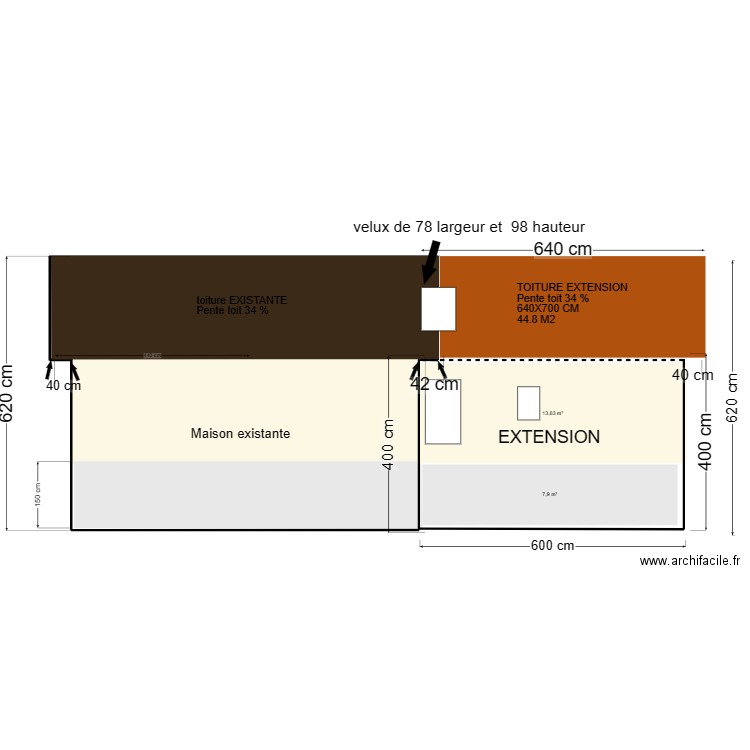 plan de coupe cote est extension 2. Plan de 2 pièces et 13 m2