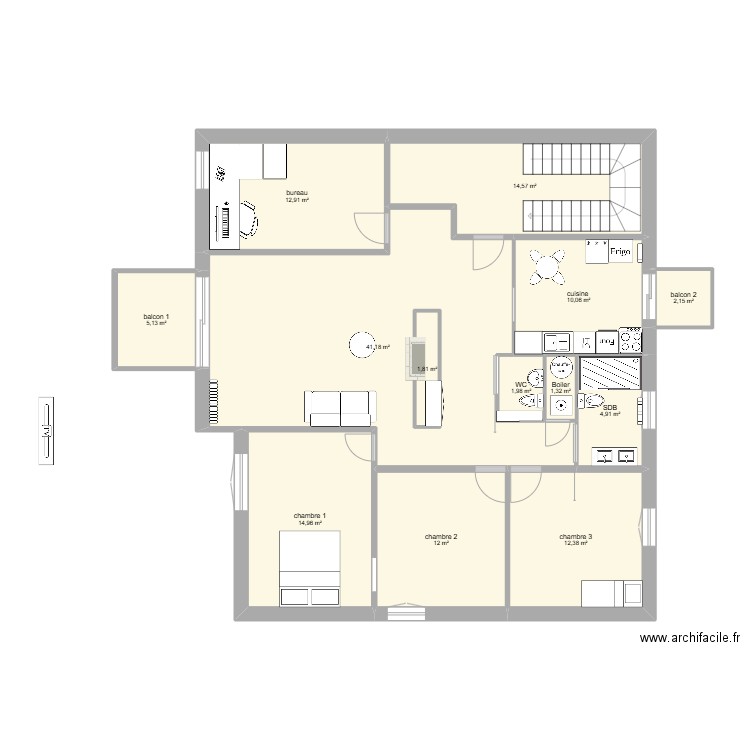 appart. Plan de 13 pièces et 138 m2
