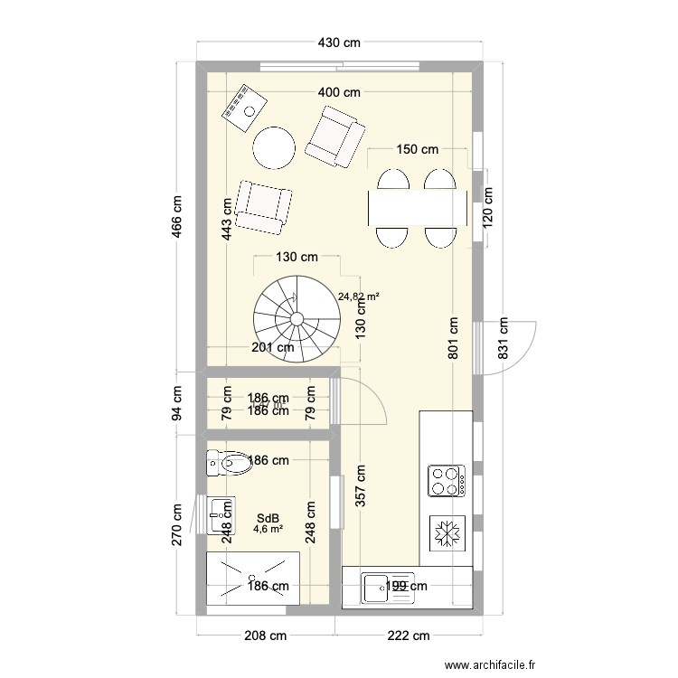 Cabane en A. Plan de 3 pièces et 31 m2