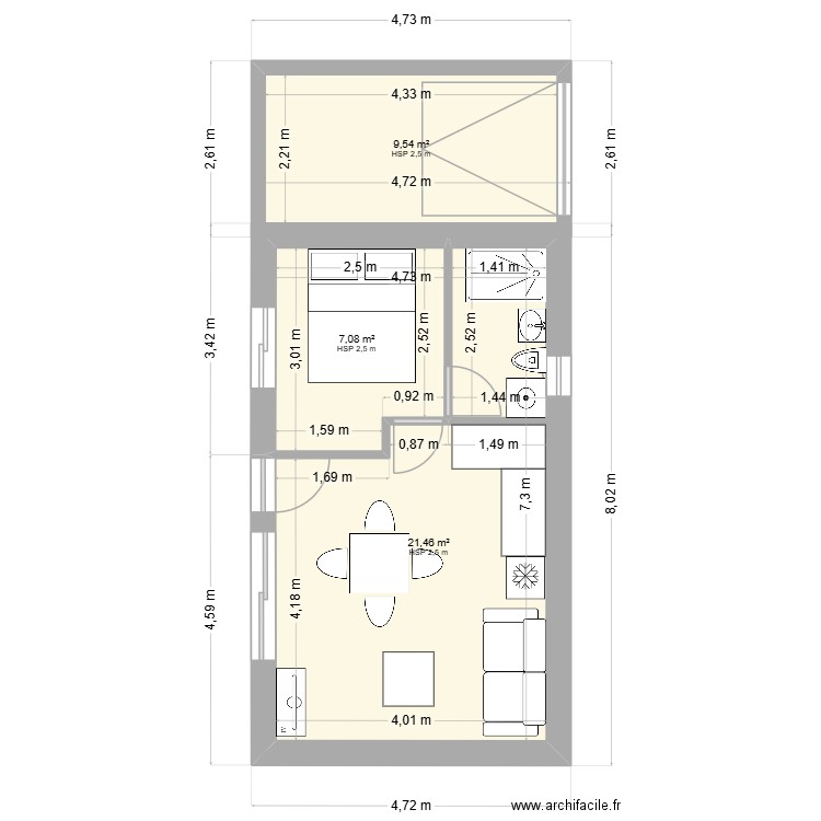 gardien. Plan de 3 pièces et 38 m2
