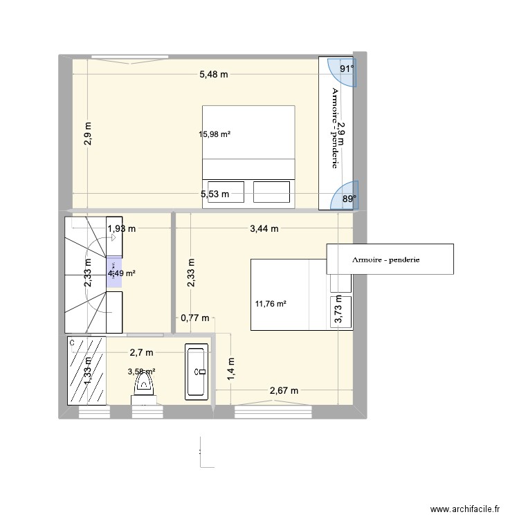 Nouveau plan etage 2 chambres bis. Plan de 4 pièces et 36 m2