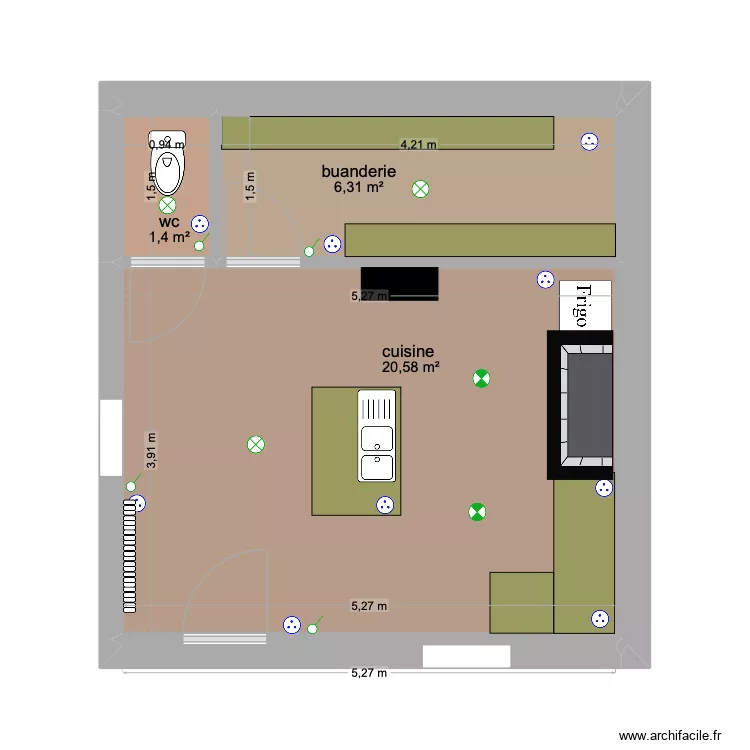 cuisine. Plan de 3 pièces et 28 m²