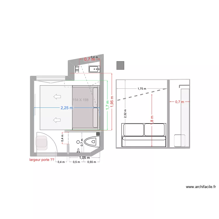 chambre mesures Youri 3. Plan de 2  et 10 m²