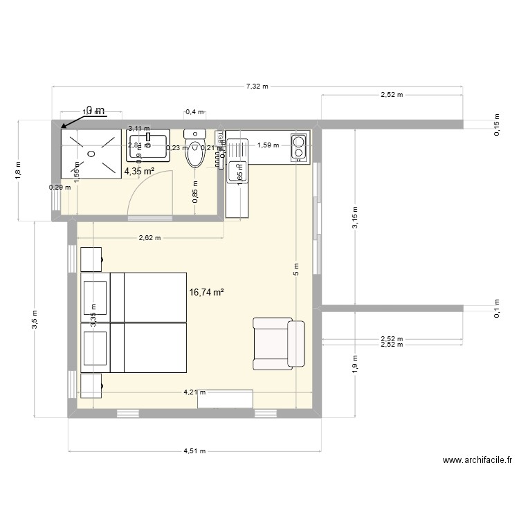 Studio 2. Plan de 2 pièces et 21 m2