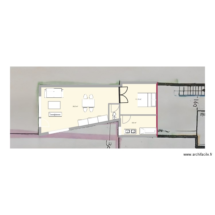 appart 1. Plan de 3 pièces et 48 m2