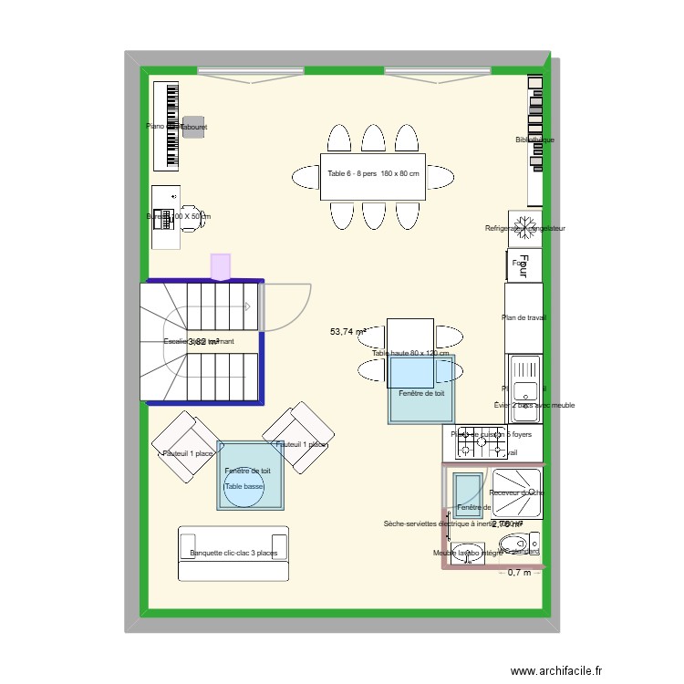 Aménagement combles 2. Plan de 3 pièces et 60 m2