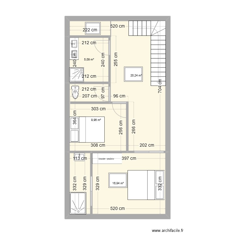 Etage ED. Plan de 4 pièces et 52 m2