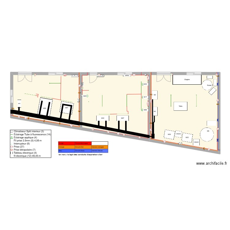 FLUX (air/eau) polissage actuel. Plan de 3 pièces et 119 m2