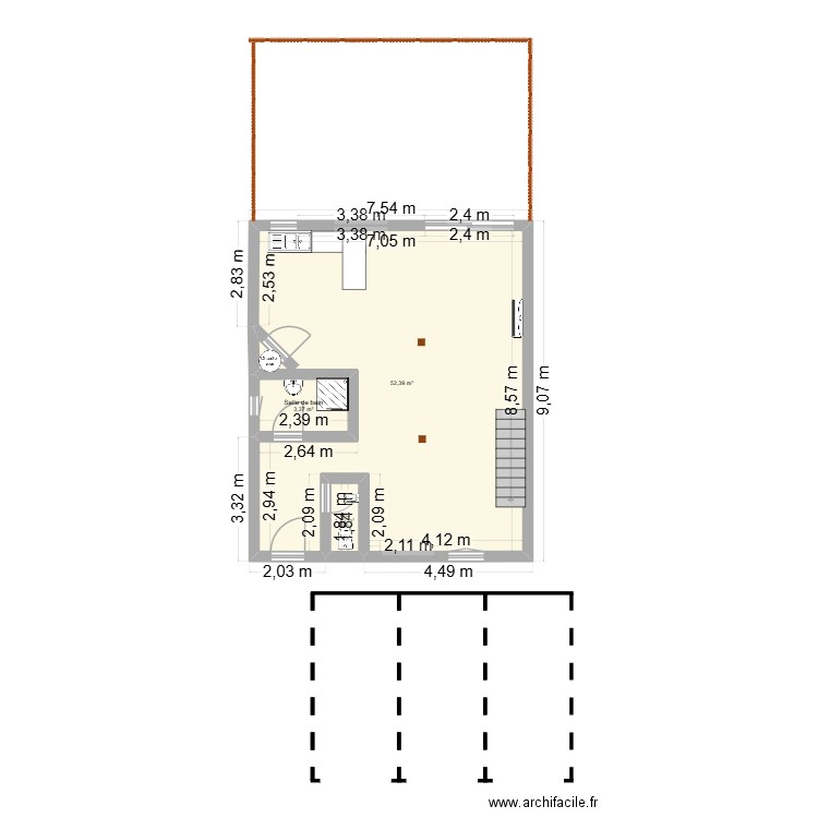 mam. Plan de 3 pièces et 57 m2