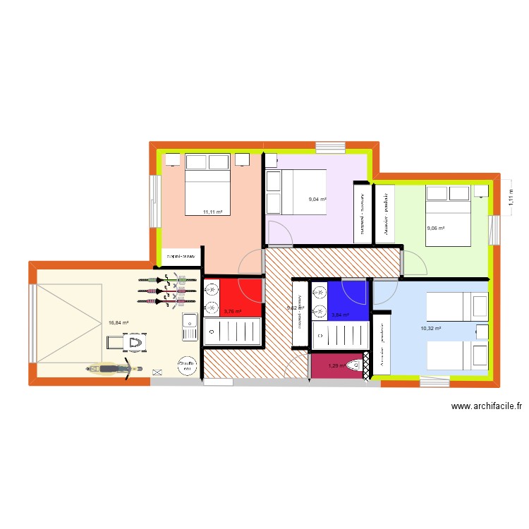 disposition sdb 2. Plan de 9 pièces et 75 m2