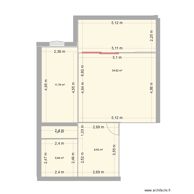 A louer t2 JL. Plan de 5 pièces et 64 m2