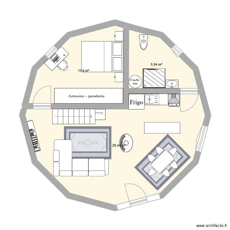 Yourte 50m². Plan de 3 pièces et 47 m2