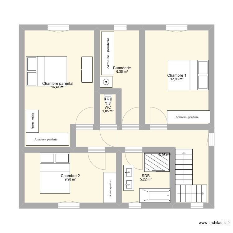 Etage 1. Plan de 7 pièces et 61 m2