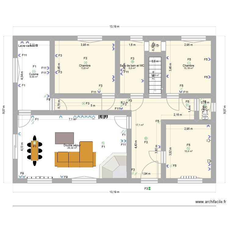 schéma emplacement prise. Plan de 18 pièces et 315 m2