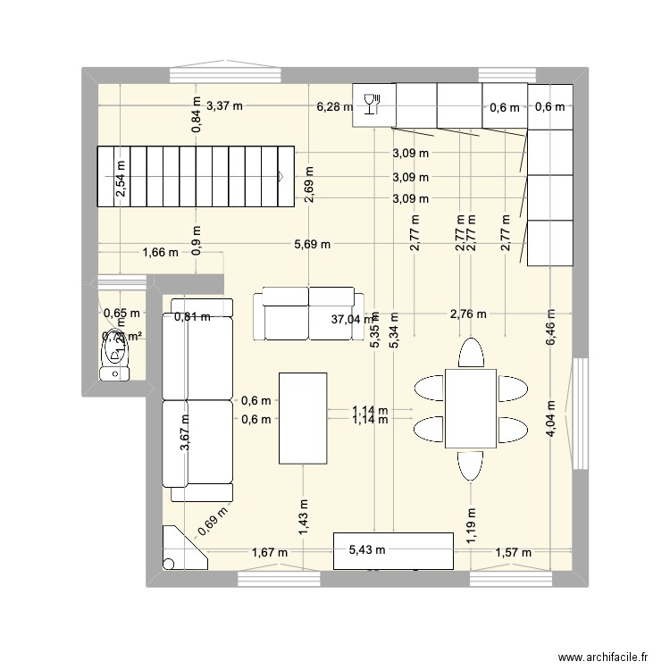 escalier. Plan de 2 pièces et 38 m2